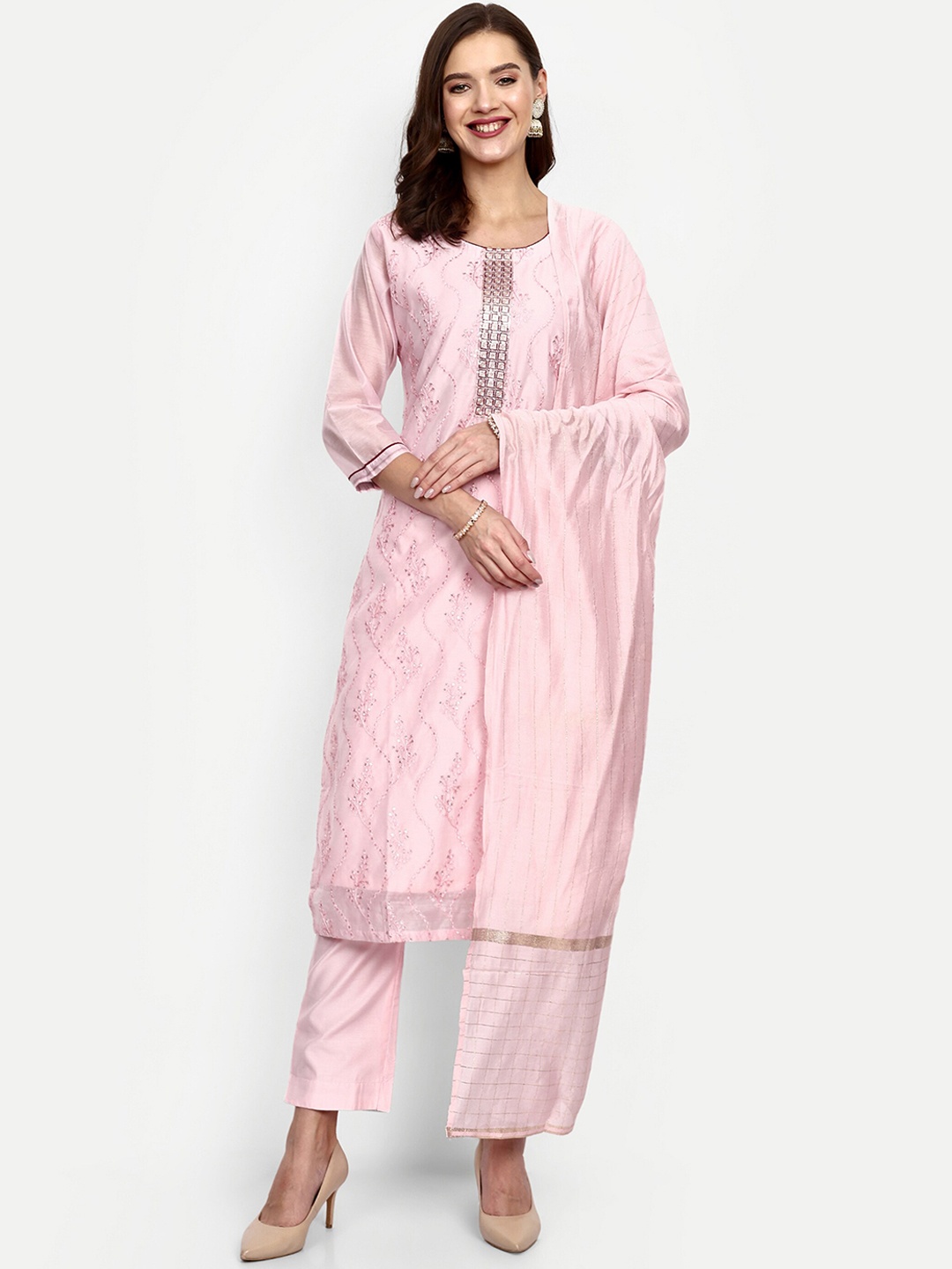 

V B SONS Ethnic Motifs Embroidered Thread Work Chanderi Silk Kurta with Trousers & Dupatta, Pink