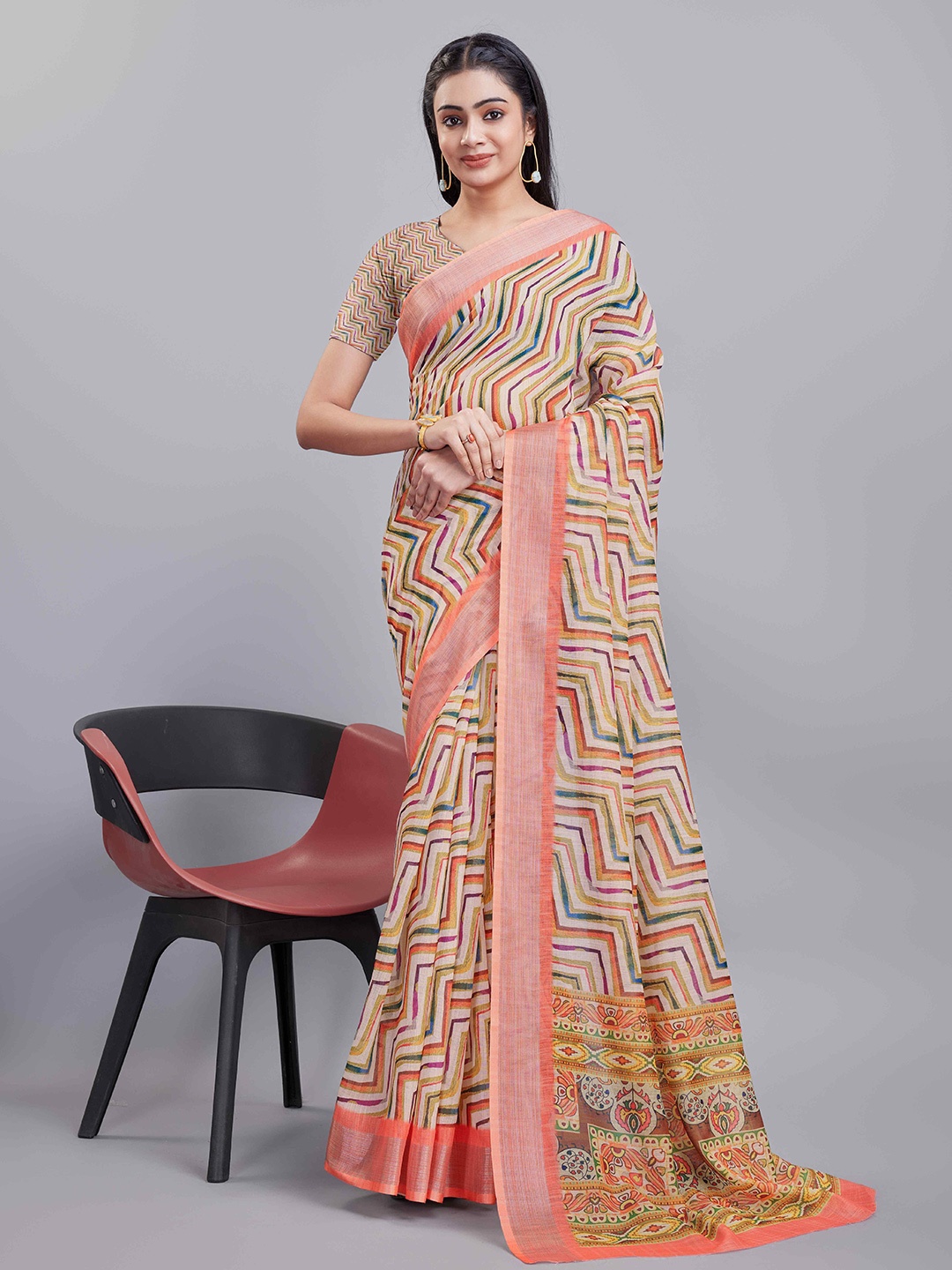 

KALINI Geometric Digital Printed Cotton Saree, Beige