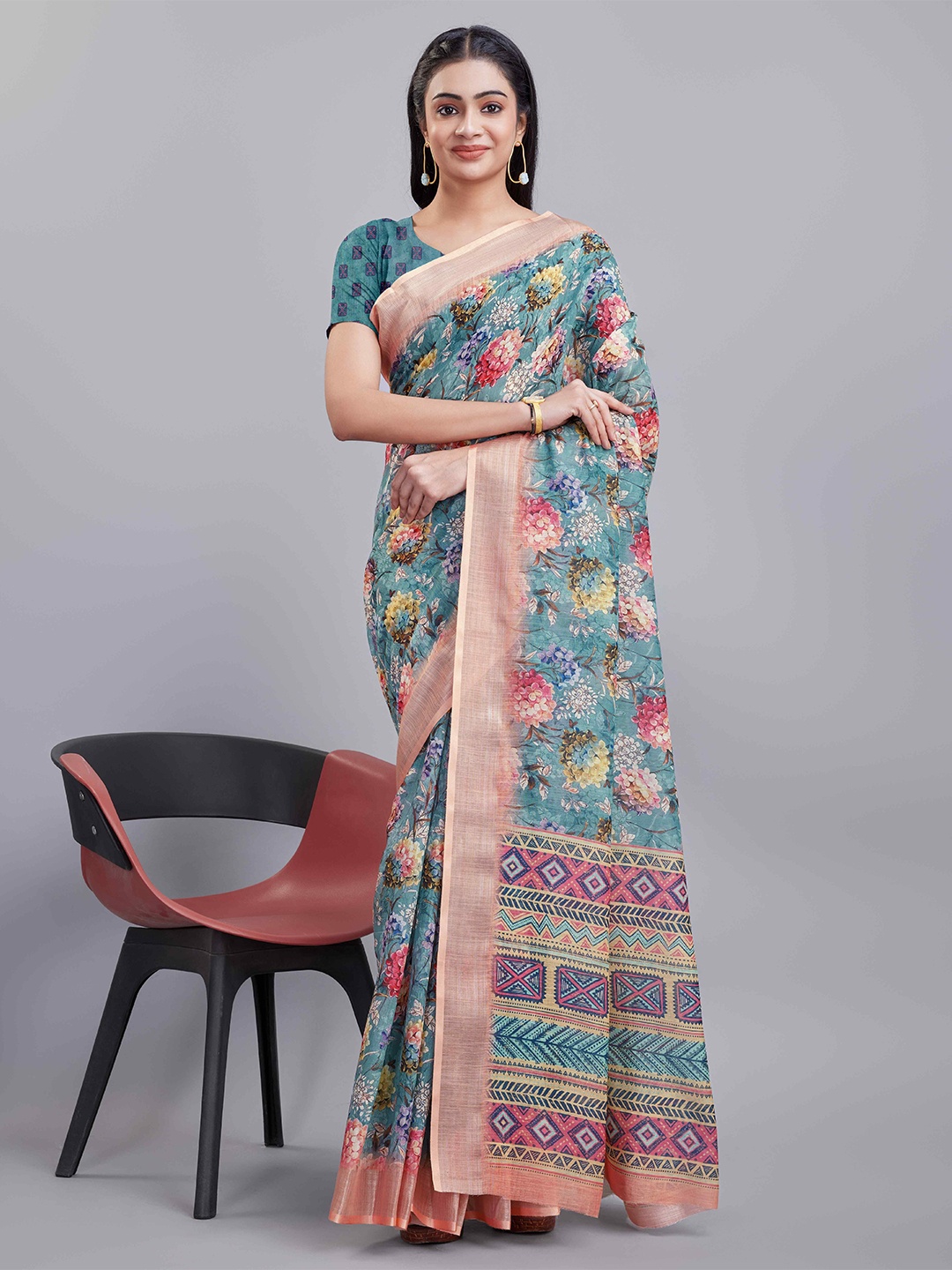 

KALINI Floral Digital Printed Cotton Saree, Blue