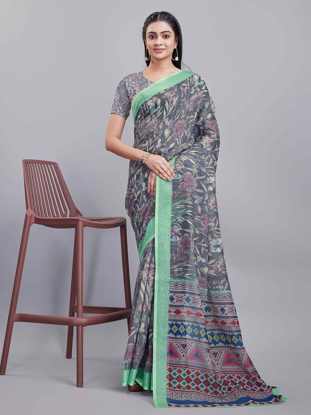 

KALINI Floral Digital Printed Cotton Saree, Grey