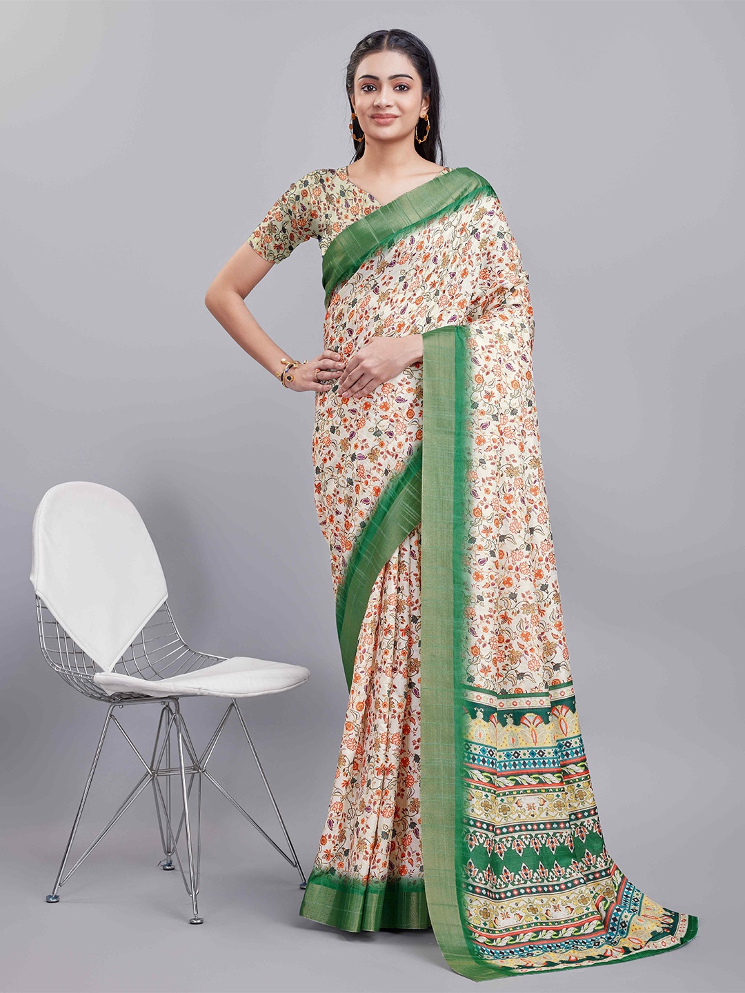 

KALINI Floral Digital Printed Saree, Beige