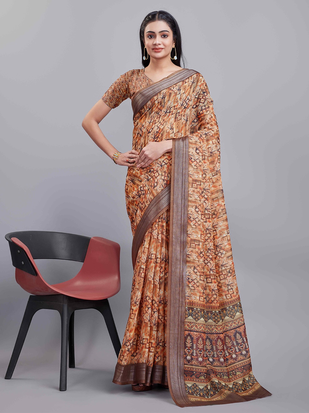 

KALINI Floral Digital Printed Cotton Saree, Orange