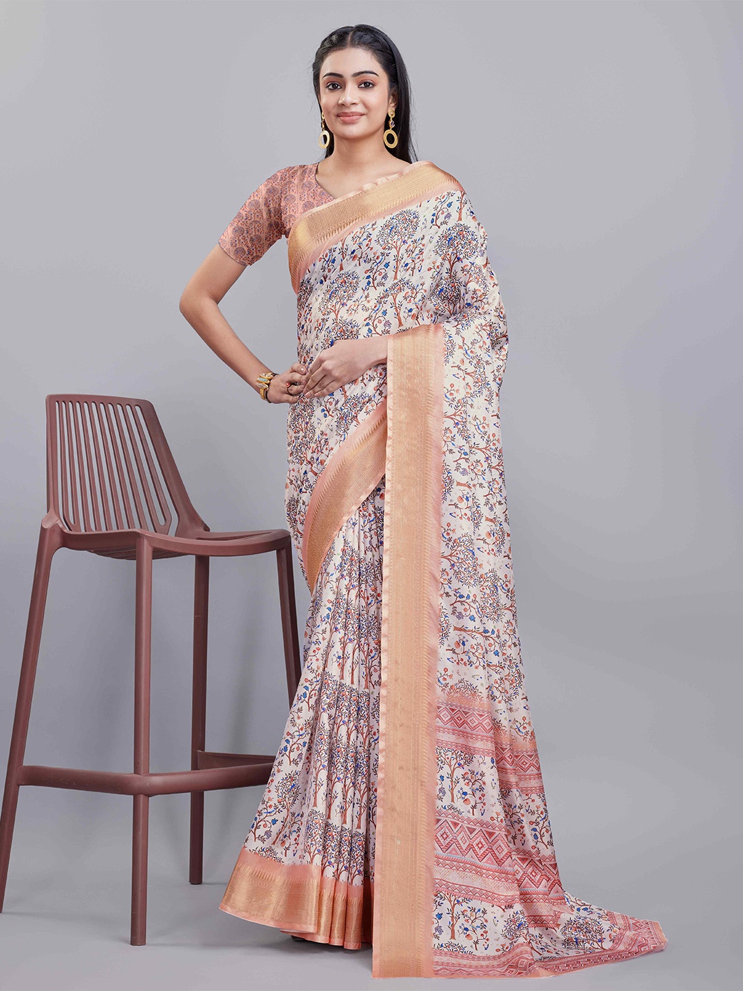 

KALINI Digital Printed Cotton Saree, White