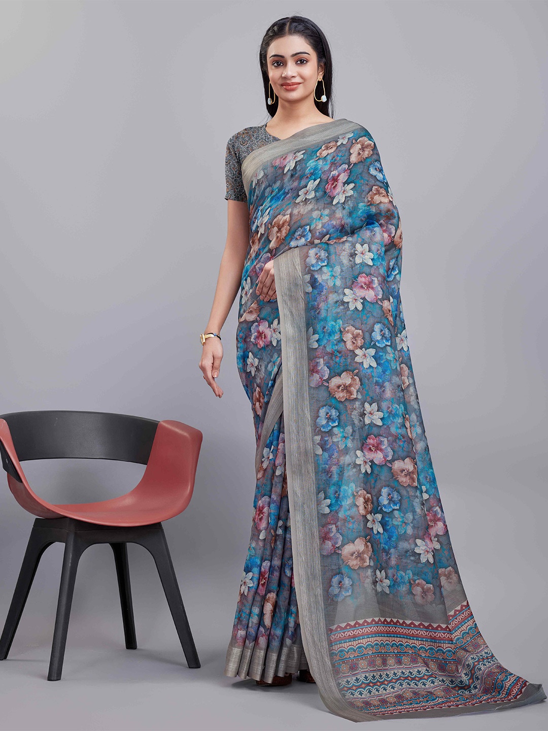 

KALINI Floral Digital Printed Saree, Blue