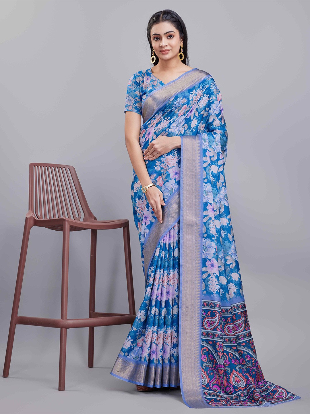 

KALINI Floral Digital Printed Saree, Blue