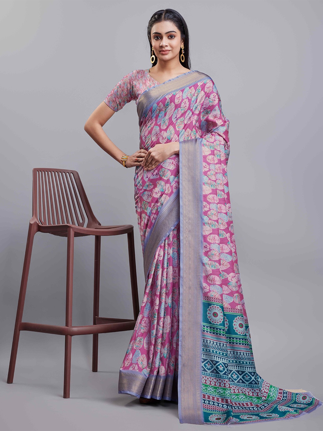 

KALINI Floral Digital Printed Silk Cotton Saree, Purple