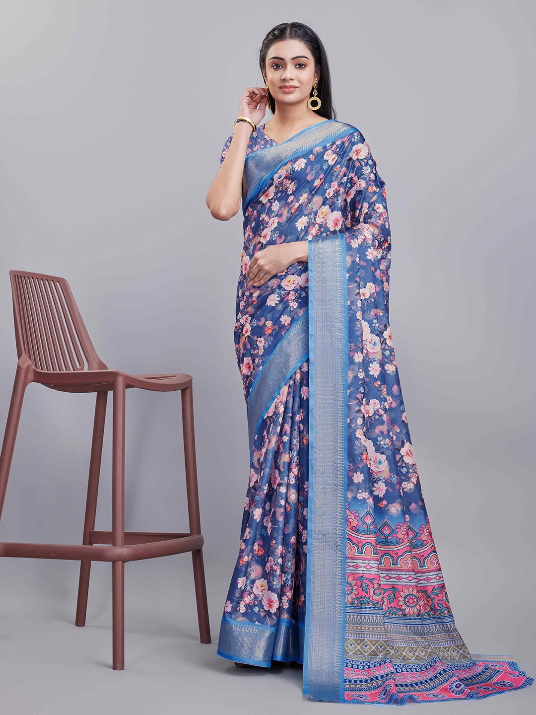 

KALINI Floral Digital Printed Saree, Blue