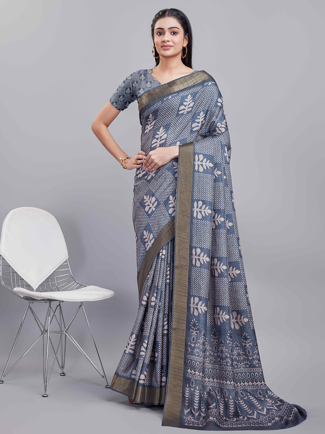 

KALINI Ethnic Motifs Digital Printed Saree, Grey