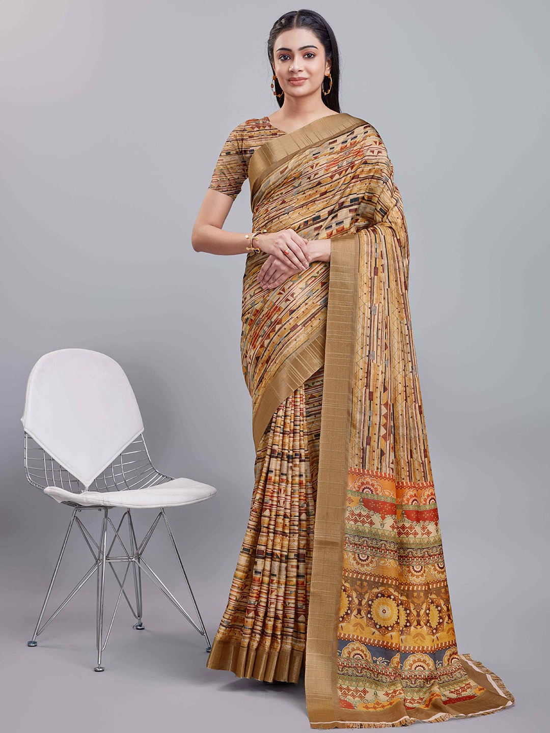 

KALINI Digital Printed Zari Saree, Brown