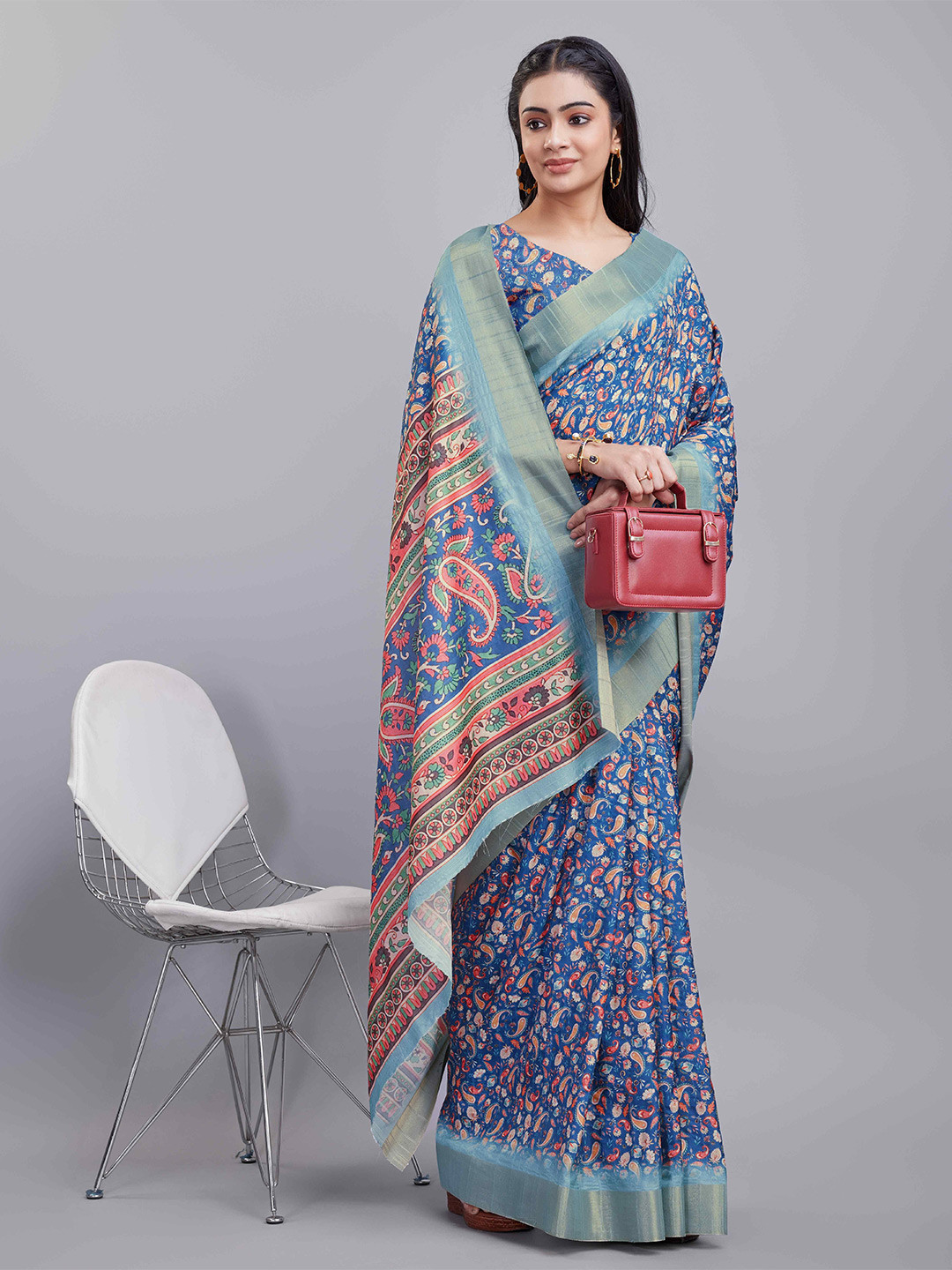 

KALINI Paisley Digital Printed Silk Cotton Saree, Blue