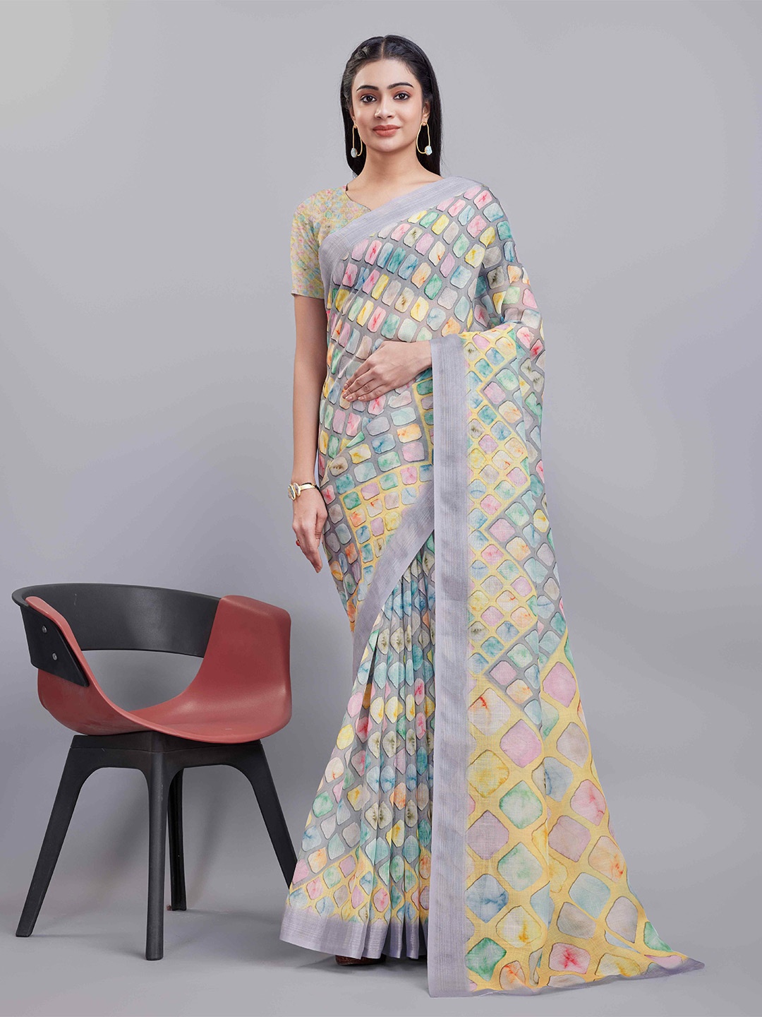 

KALINI Geometric Digital Printed Silk Cotton Saree, Grey