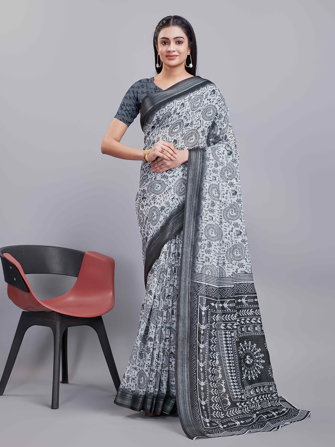 

KALINI Floral Digital Printed Cotton Saree, Grey