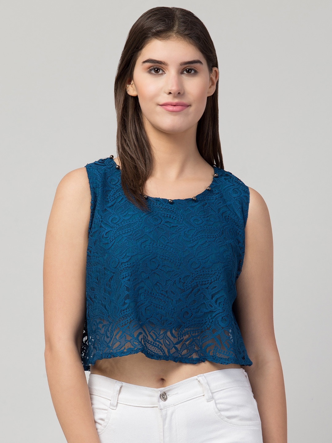 

ADDICTED ATTIRE Round Neck Sleeveless Net Crop Top, Blue