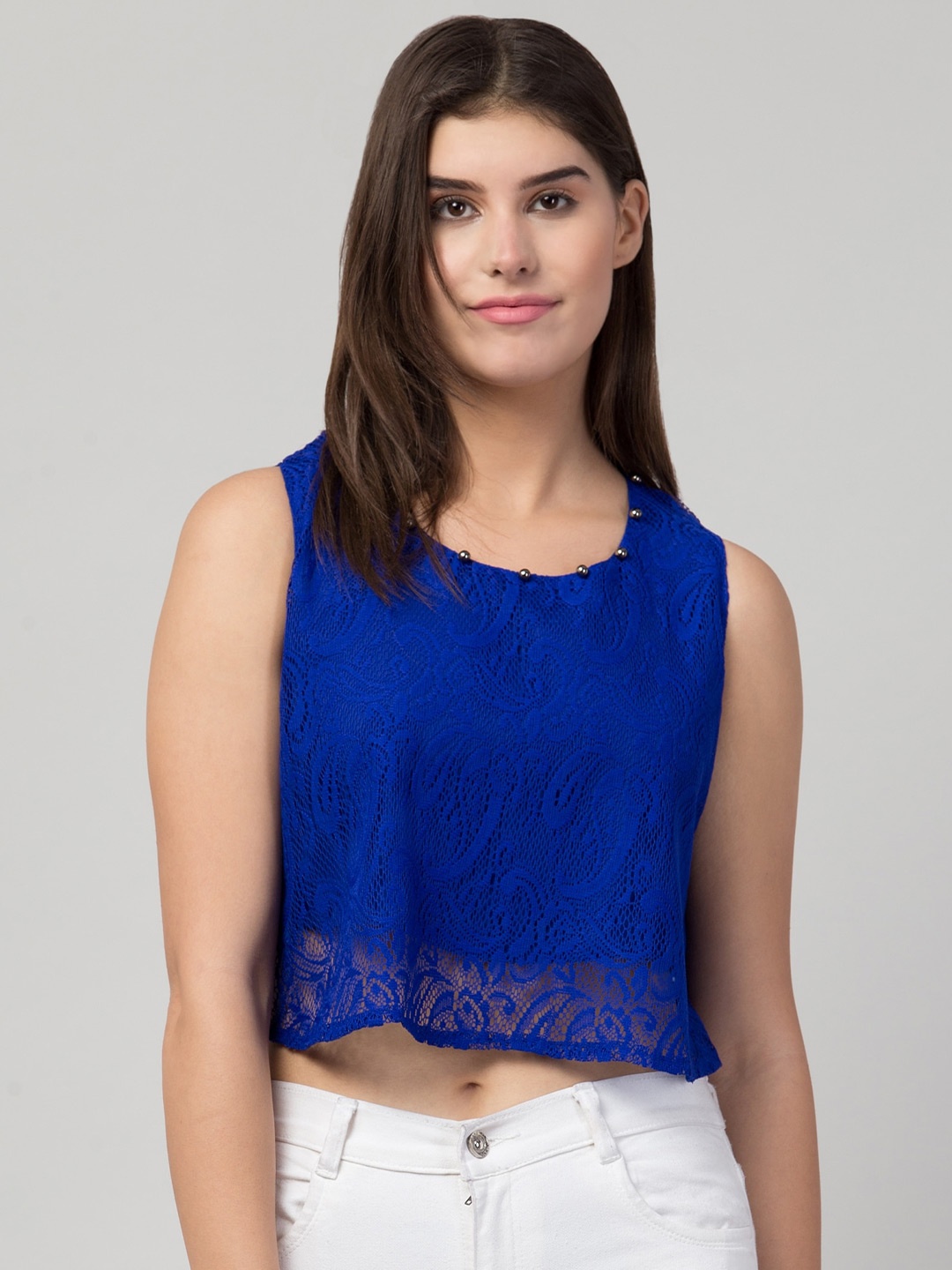

ADDICTED ATTIRE Round Neck Sleeveless Net Crop Top, Blue