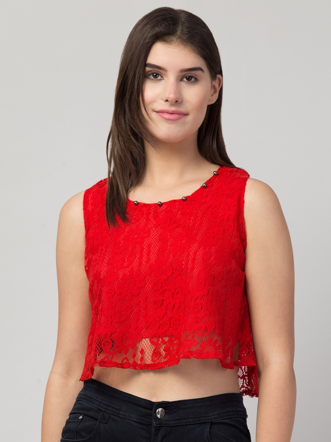 

ADDICTED ATTIRE Round Neck Sleeveless Net Crop Top, Red