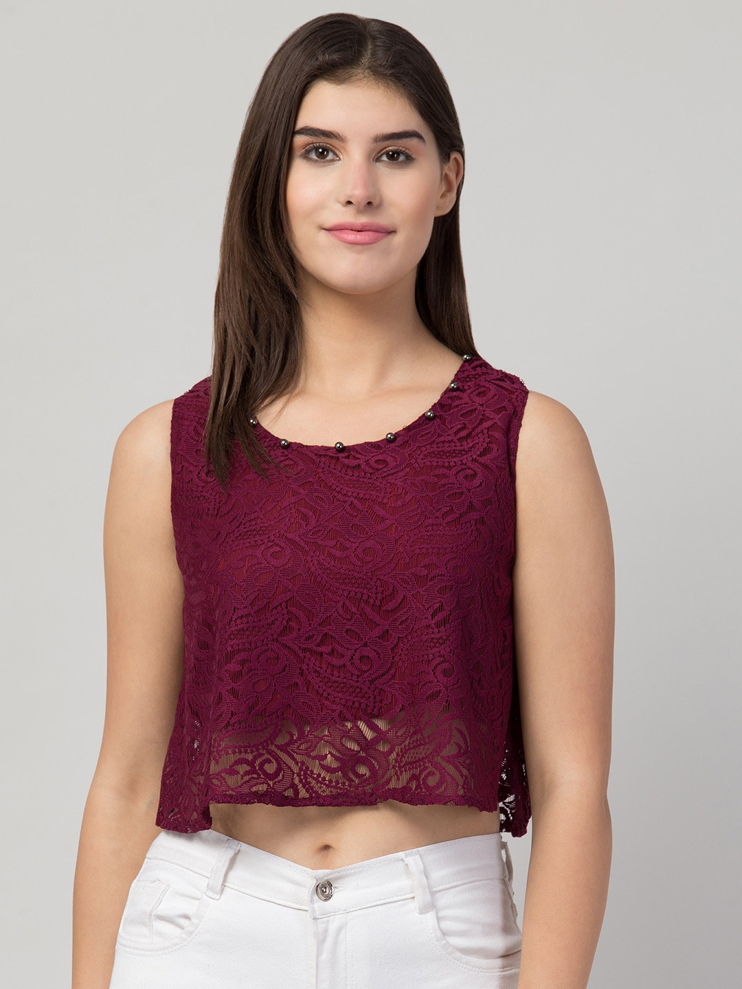 

ADDICTED ATTIRE Round Neck Sleeveless Net Crop Top, Maroon