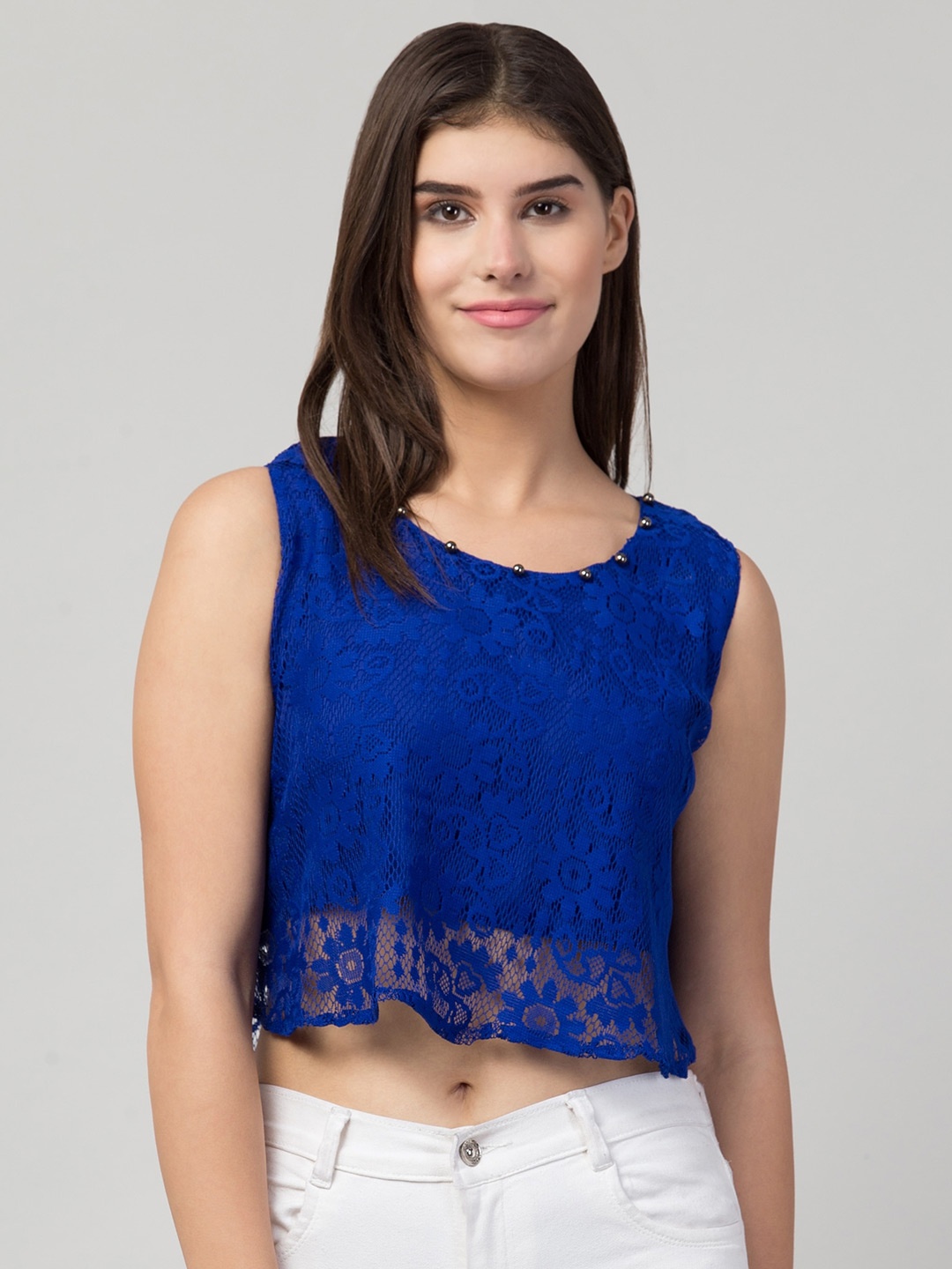 

ADDICTED ATTIRE Round Neck Sleeveless Net Crop Top, Blue