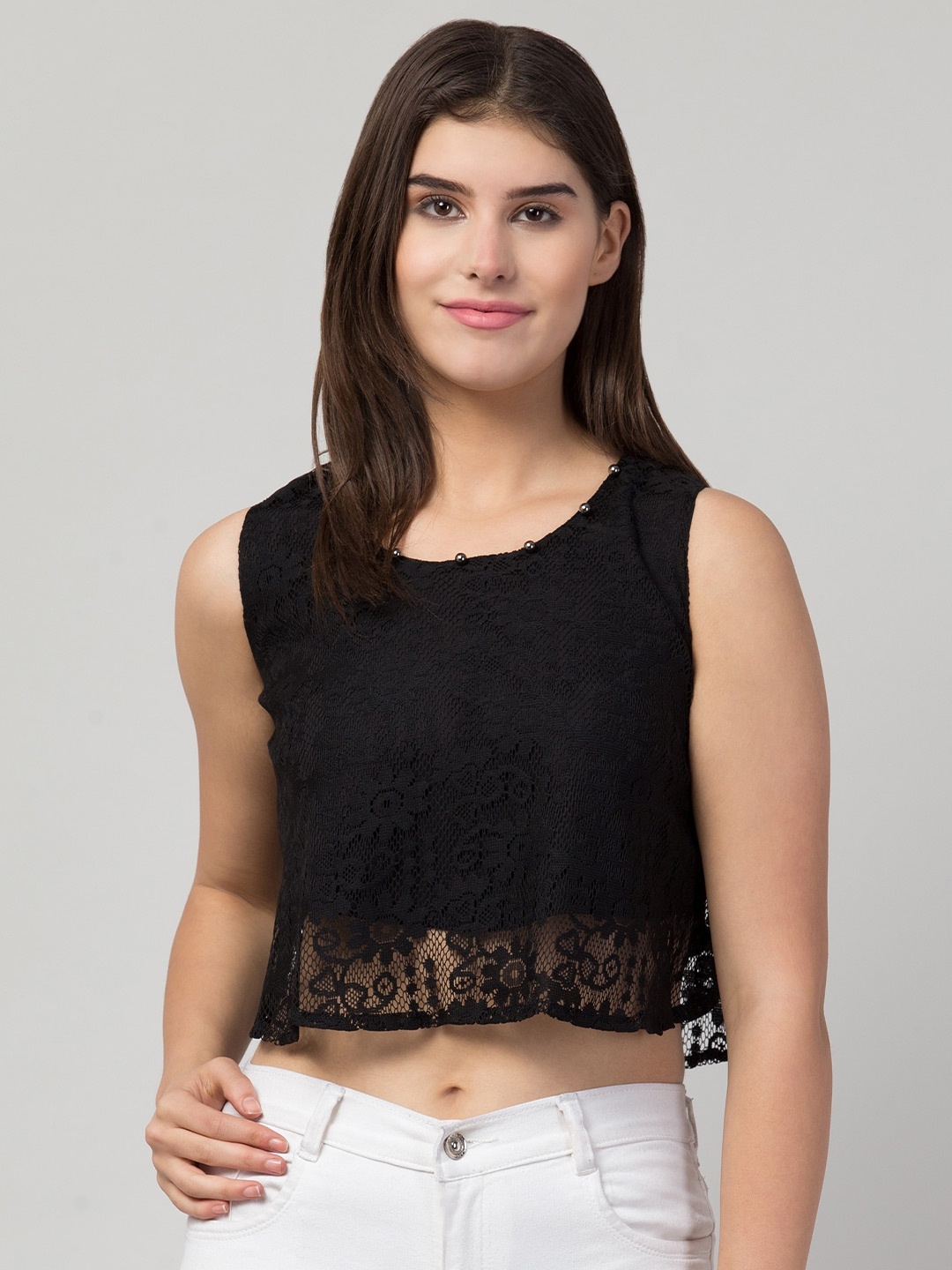 

ADDICTED ATTIRE Round Neck Sleeveless Net Crop Top, Black