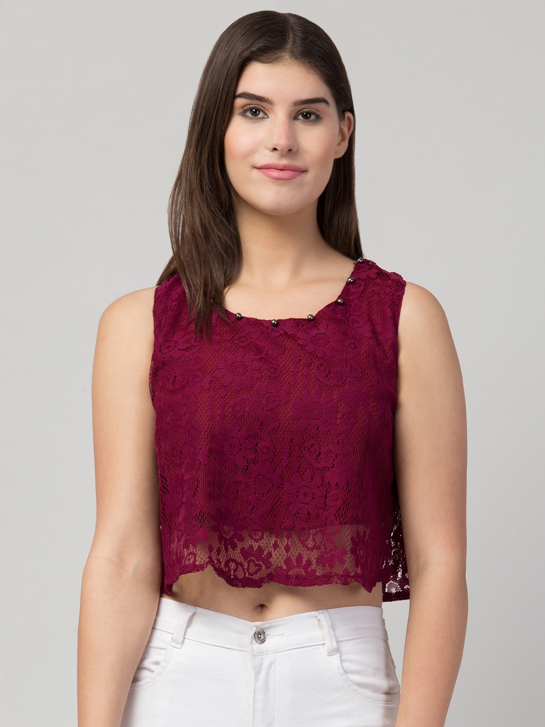 

ADDICTED ATTIRE Round Neck Sleeveless Net Crop Top, Maroon