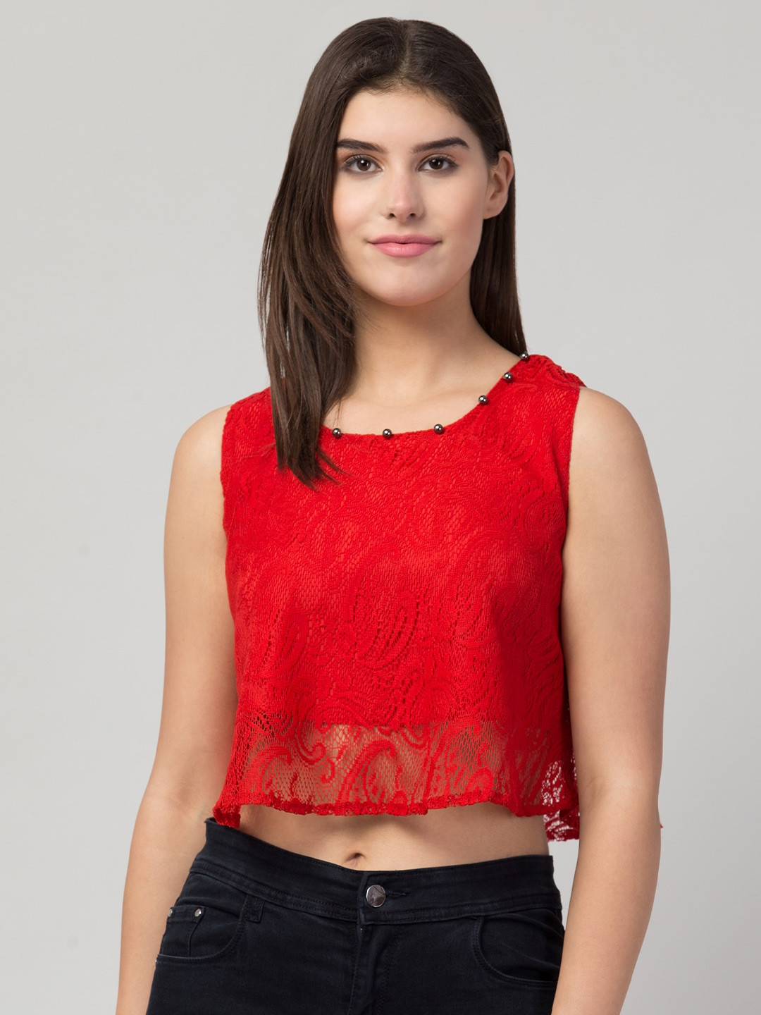

ADDICTED ATTIRE Round Neck Sleeveless Net Crop Top, Red