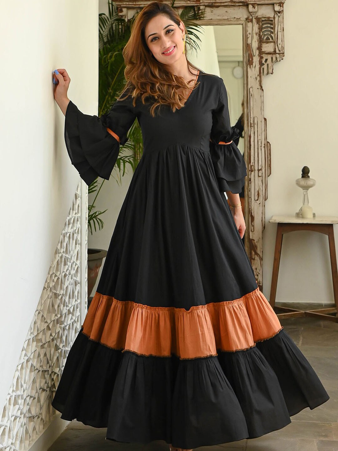 

Ziva Fashion Flared Sleeves Tiered Fit And Flare Maxi Ethnic Dress, Black