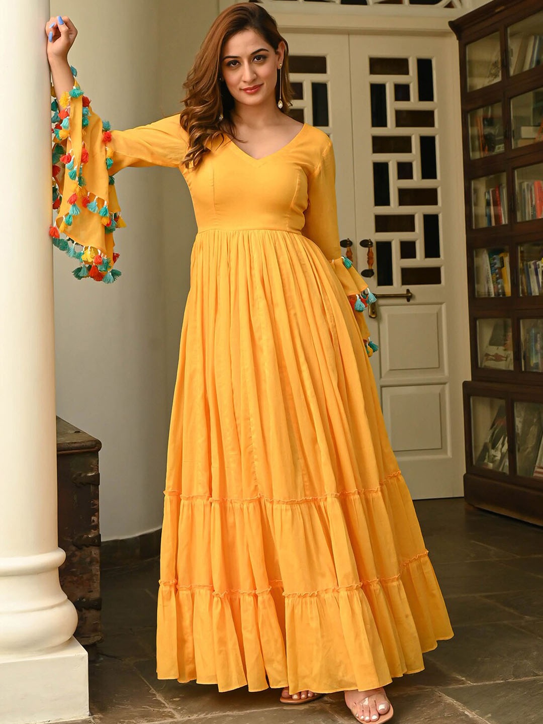 

Ziva Fashion Tasselled Detailed Tiered Fit And Flare Maxi Ethnic Dress, Yellow