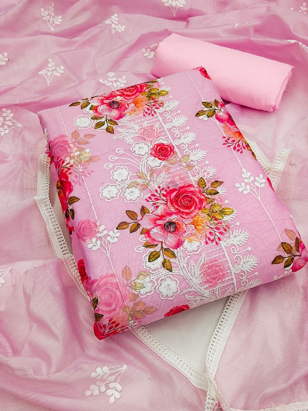 

Panzora Embroidered Chanderi Silk Unstitched Work Dress Material, Pink