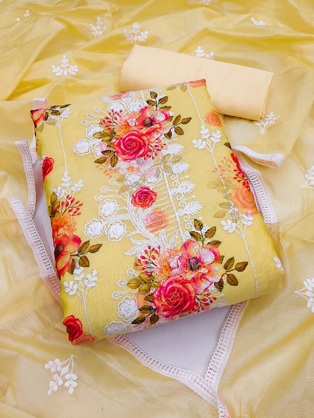 

Panzora Embroidered Chanderi Silk Thread Work Unstitched Dress Material, Yellow