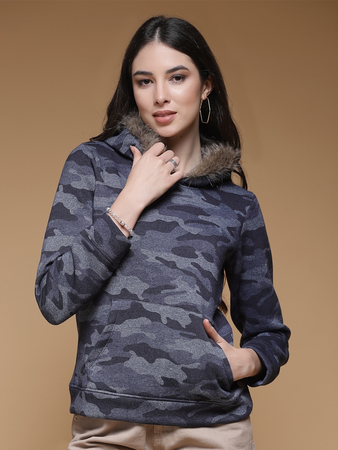 

Juelle Camouflage Printed Hooded Fleece Pullover Sweatshirt, Navy blue