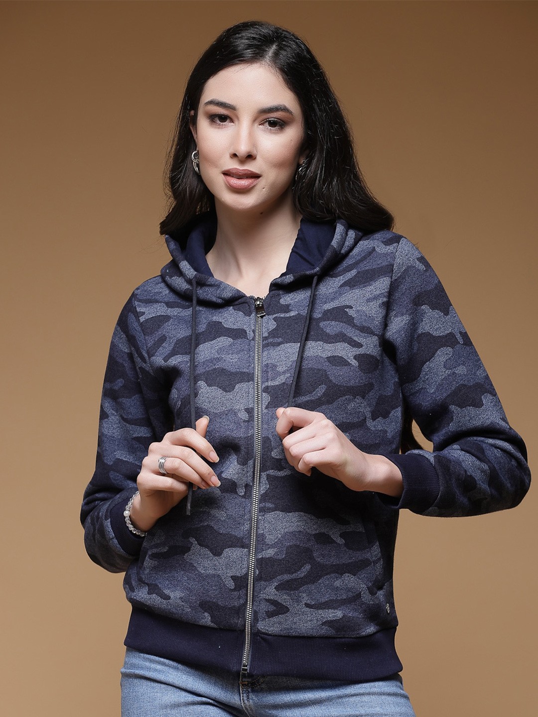 

Juelle Camouflage Printed Hooded Long Sleeves Front-Open Sweatshirt, Navy blue