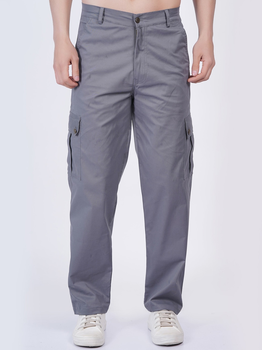 

BAESD Men Relaxed Straight Leg Mid-Rise Cotton Cargos Trousers, Grey