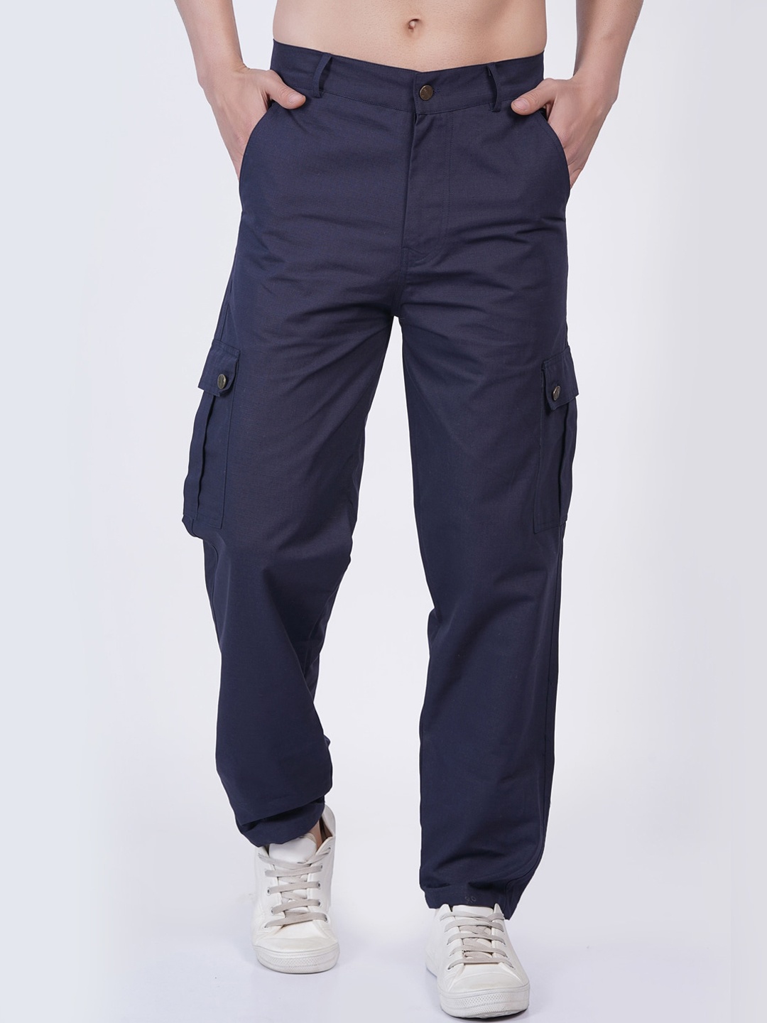 

BAESD Men Relaxed Straight Leg Mid-Rise Cotton Cargos Trousers, Navy blue