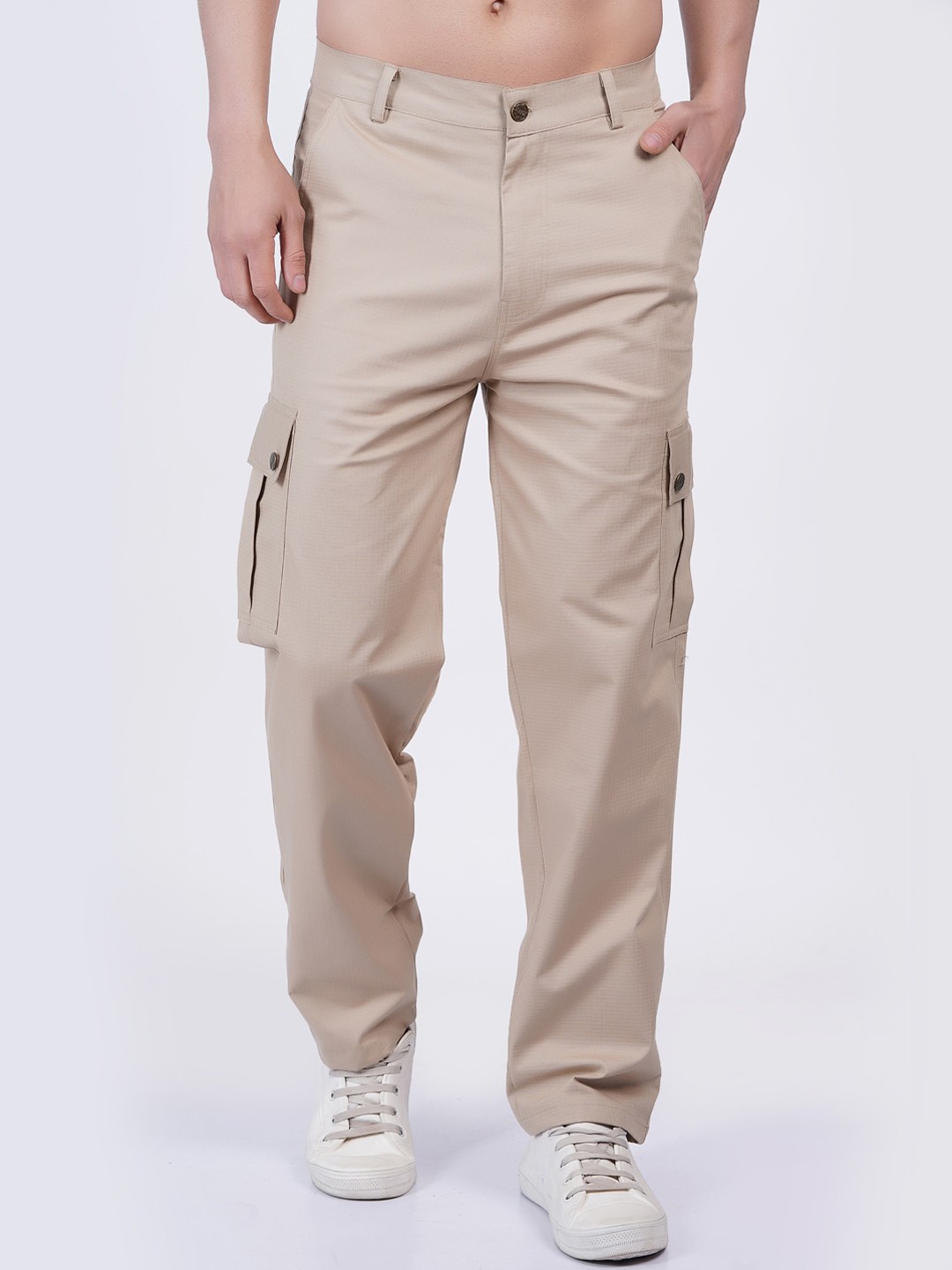 

BAESD Men Relaxed Straight Leg High-Rise Easy Wash Cargos Trousers, Beige