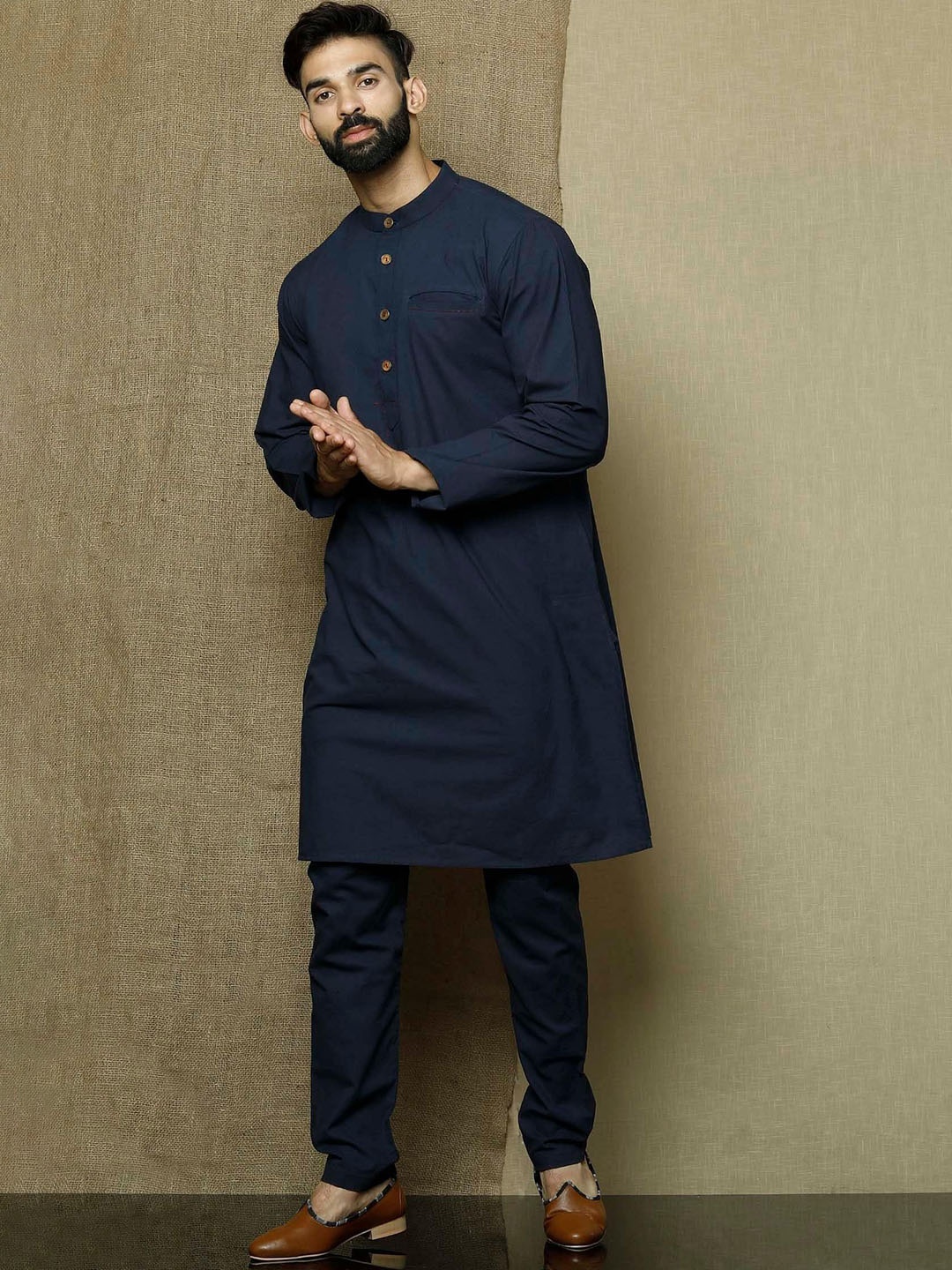 

Mitera Band Collar Straight Kurta with Pyjamas, Blue