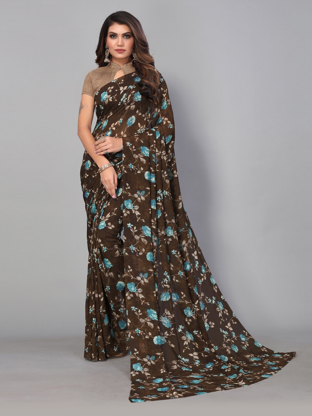 KALINI Floral Printed Saree, Brown