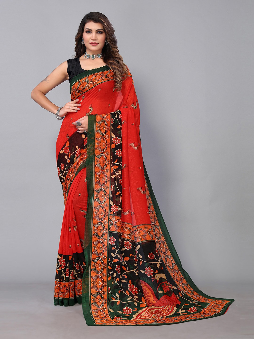

KALINI Floral Printed Brasso Saree, Red