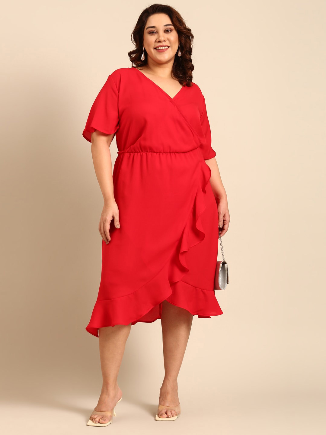 

The Pink Moon Plus Size V-Neck Ruffled Fit and Flare Midi Dress, Red