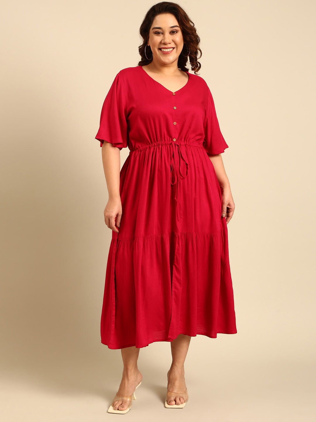 

The Pink Moon Plus Size V-Neck Bell Sleeves Fit & Flare Midi Dress