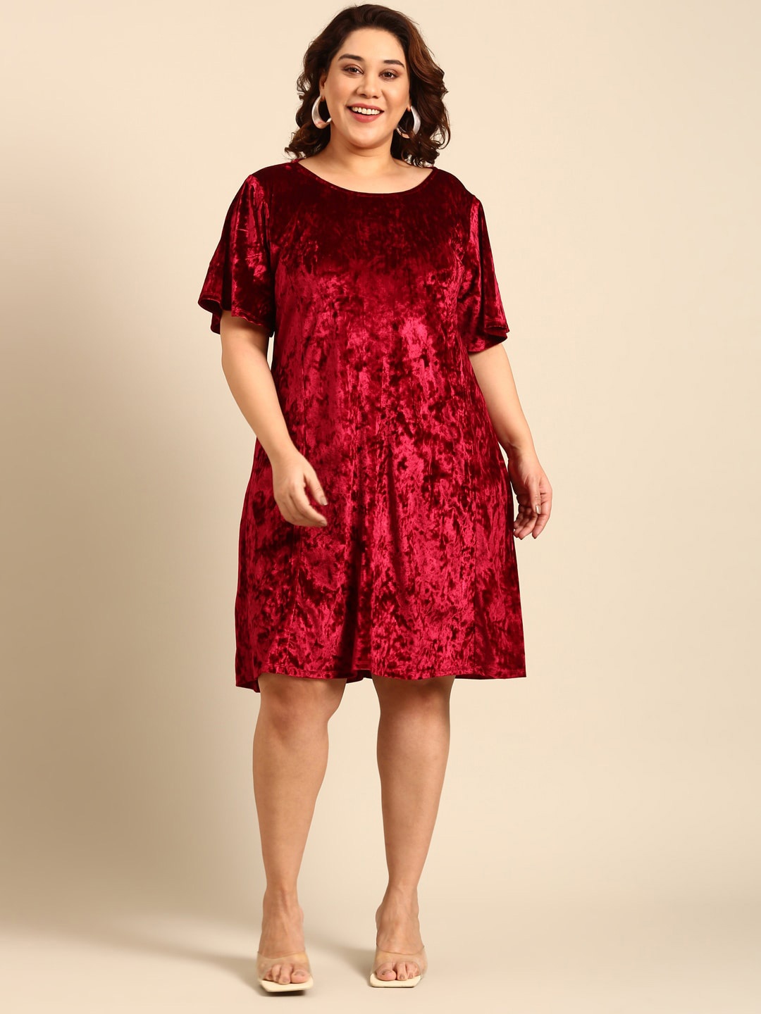 

The Pink Moon Plus Size Round Neck Velvet A-Line Dress, Maroon