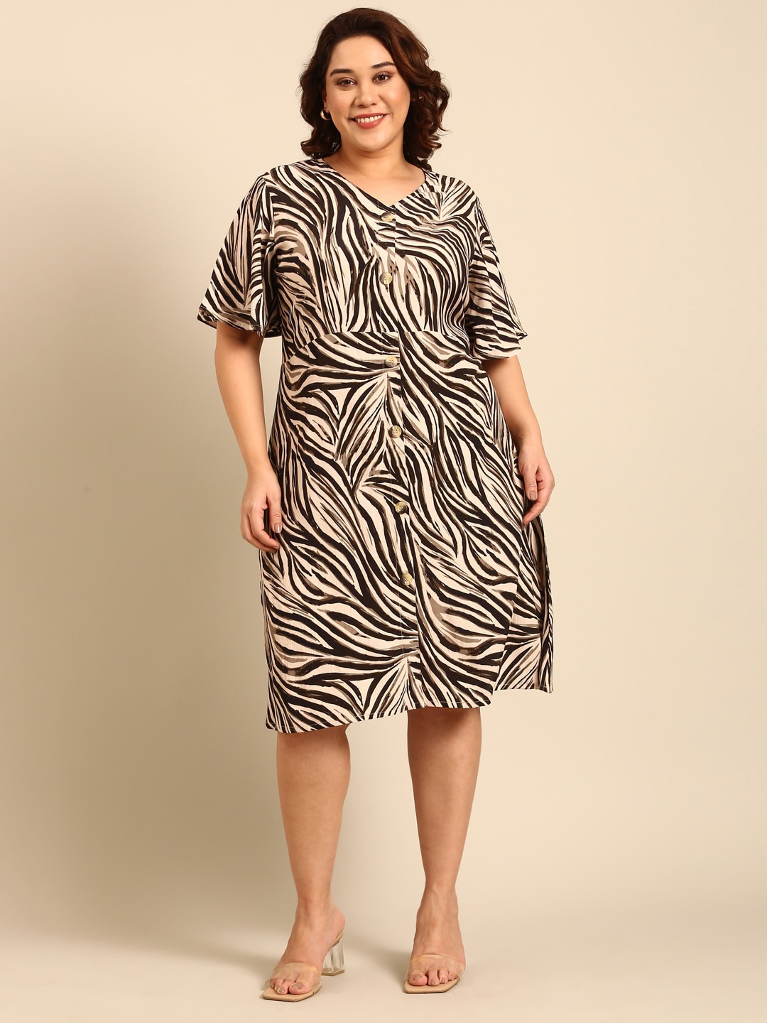 

The Pink Moon Animal Print Crepe A-Line Dress, Beige