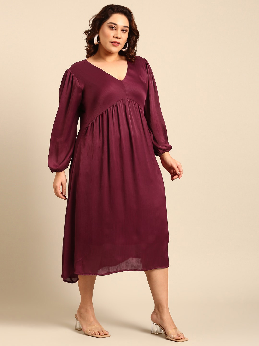 

The Pink Moon Puff Sleeve Satin Empire Midi Dress, Maroon