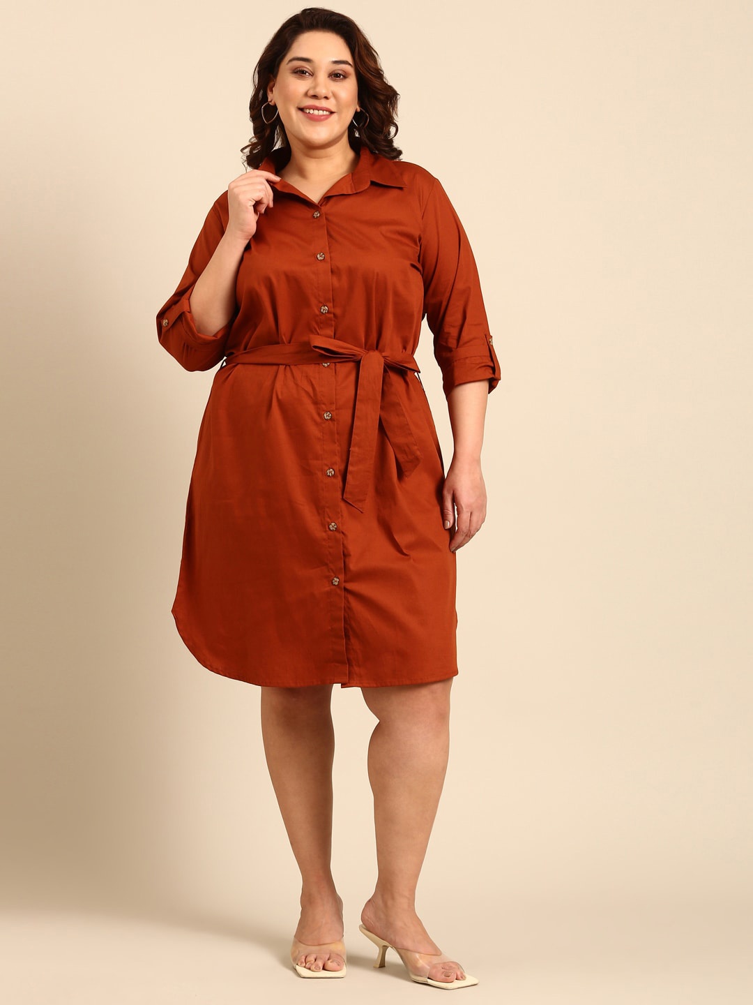 

The Pink Moon Three-Quarter Sleeves Cotton Shirt Dress, Brown