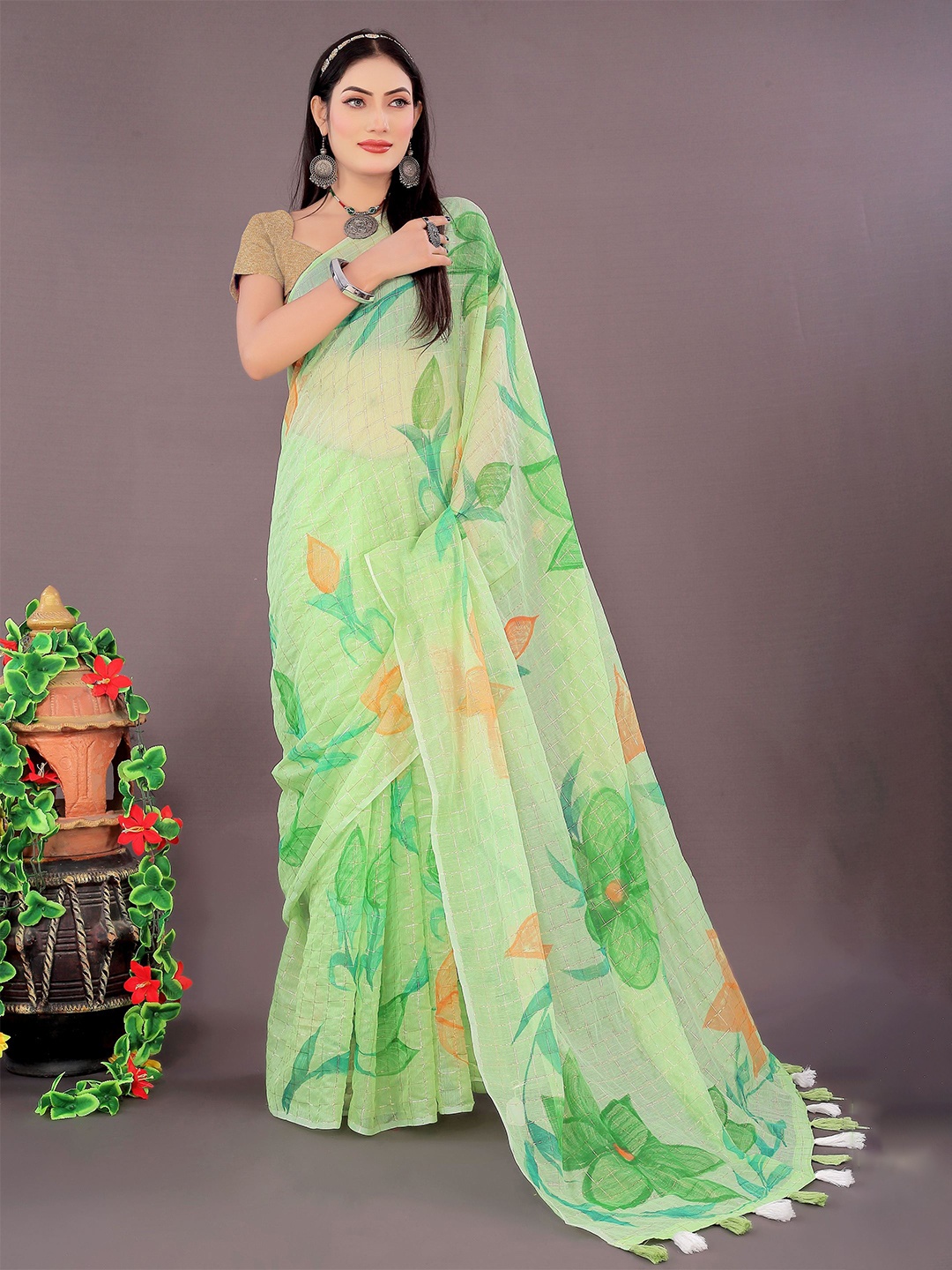 

Saree Exotica Floral Silk Cotton Sarees, Green