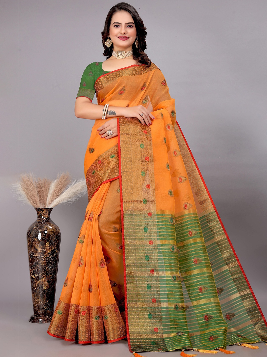 

Saree Exotica Woven Design Zari Pure Cotton Sarees, Orange