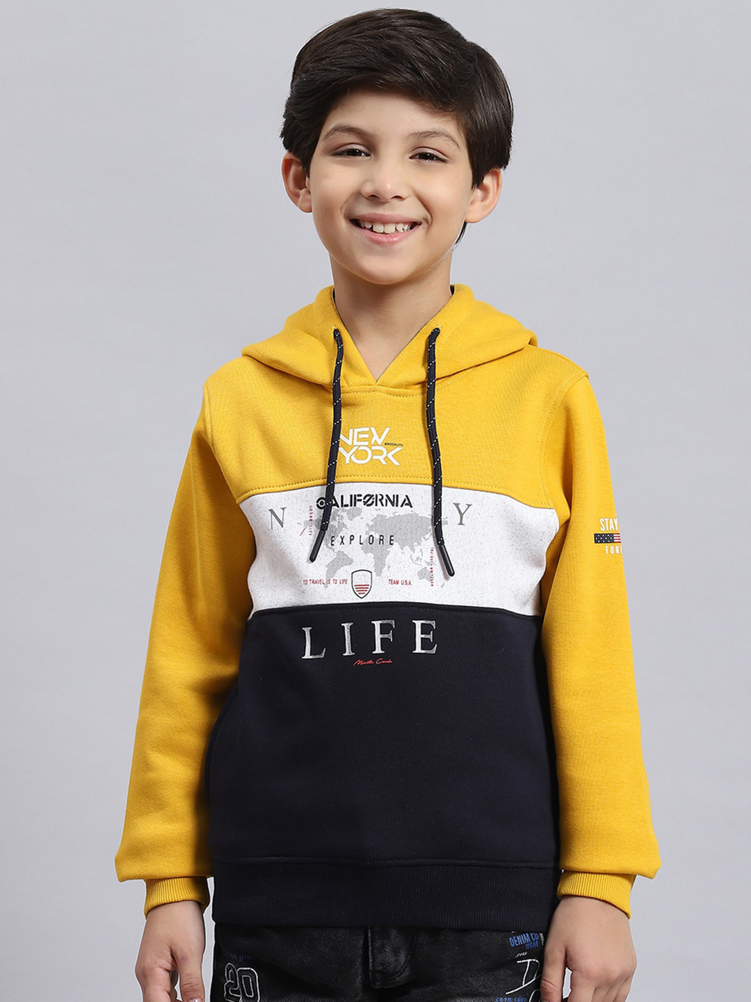 

Monte Carlo Boys Colourblocked Fleece Hooded Sweatshirt, Mustard