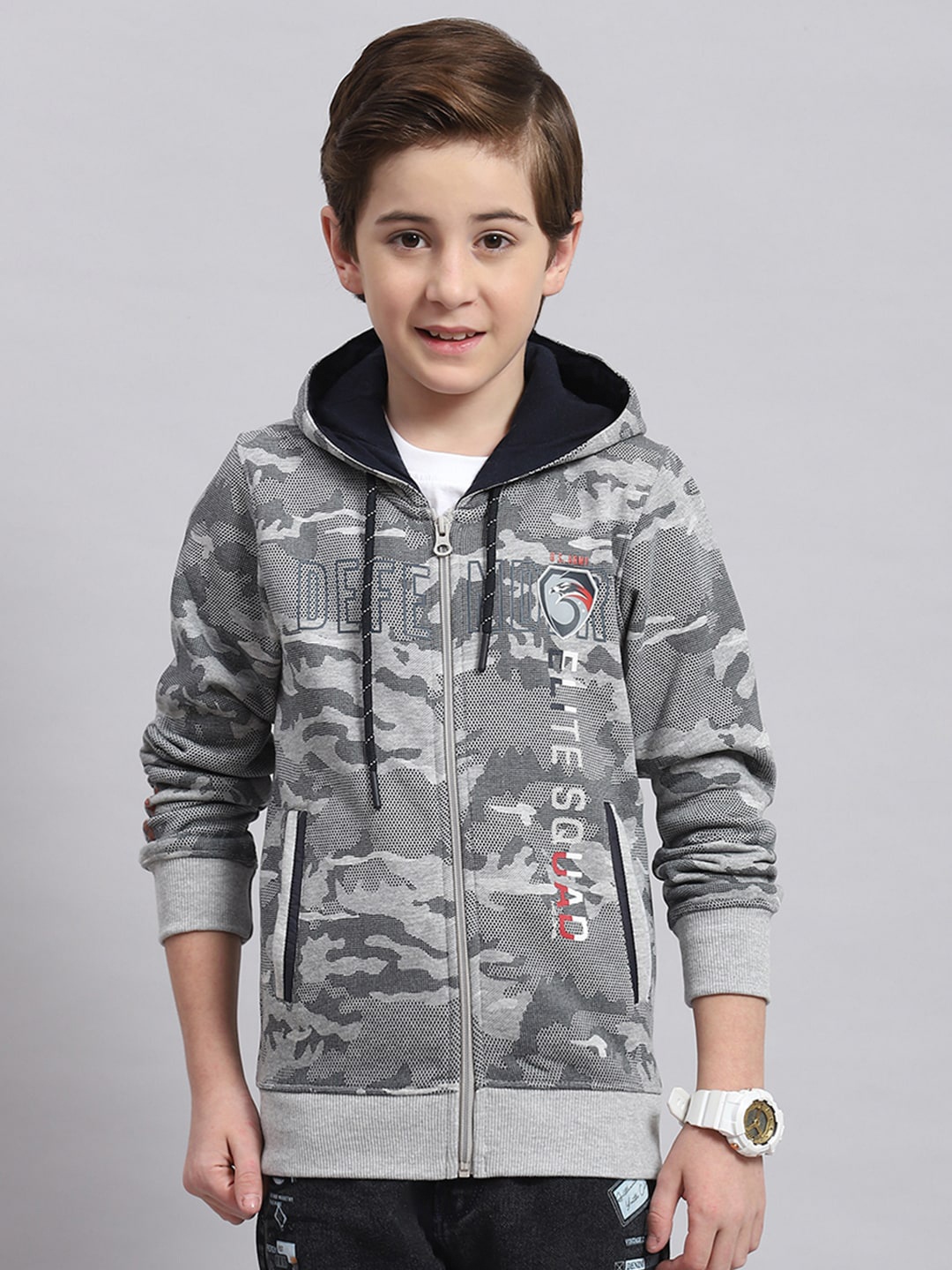 

Monte Carlo Boys Camouflage Printed Cotton Hooded Sweatshirt, Grey melange