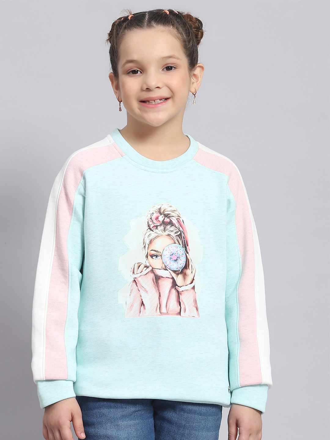 

Monte Carlo Girls Round Neck Graphic Printed Cotton Casual Sweatshirt, Turquoise blue