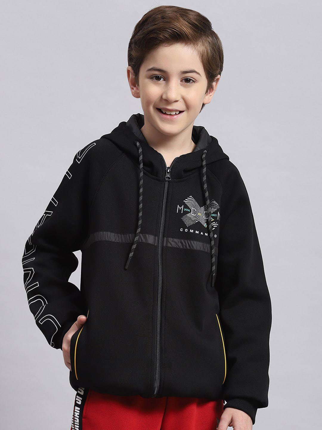 

Monte Carlo Boys Typography Printed Hooded Front-Open Sweatshirt, Black