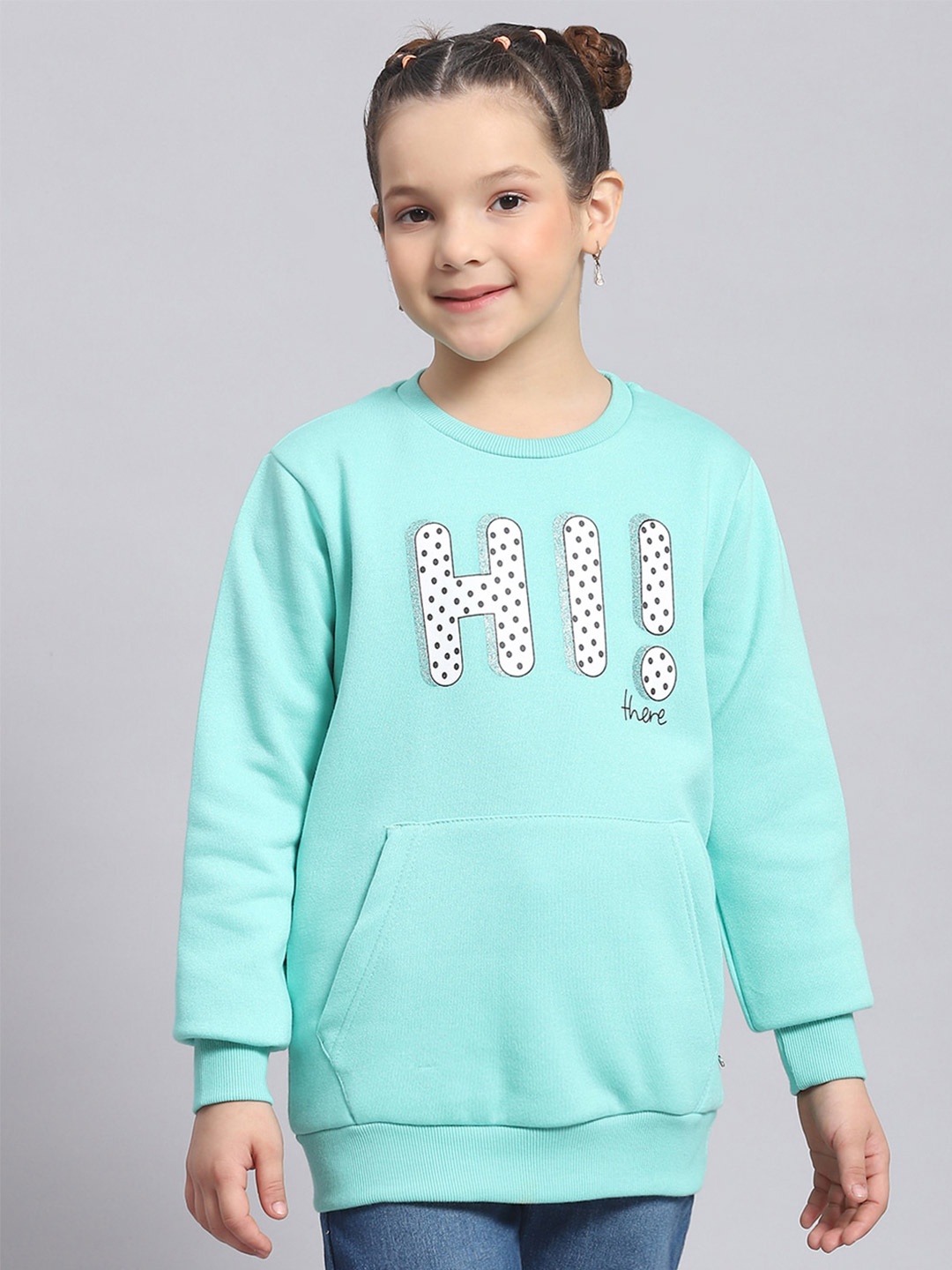

Monte Carlo Girls Round Neck Typography Printed Pullover Sweatshirt, Turquoise blue