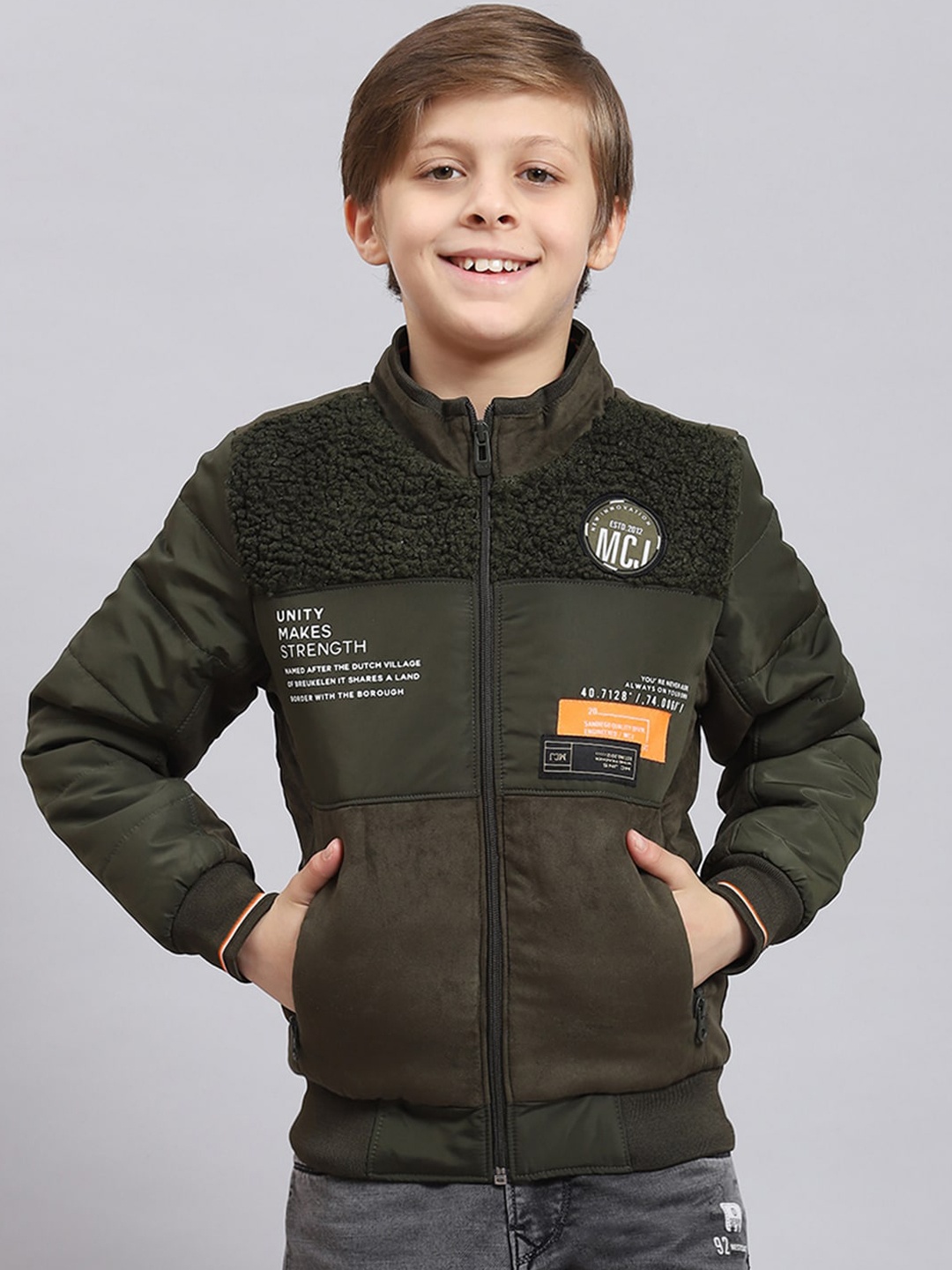 

Monte Carlo Boys Typography Printed Lightweight Bomber Jacket, Olive